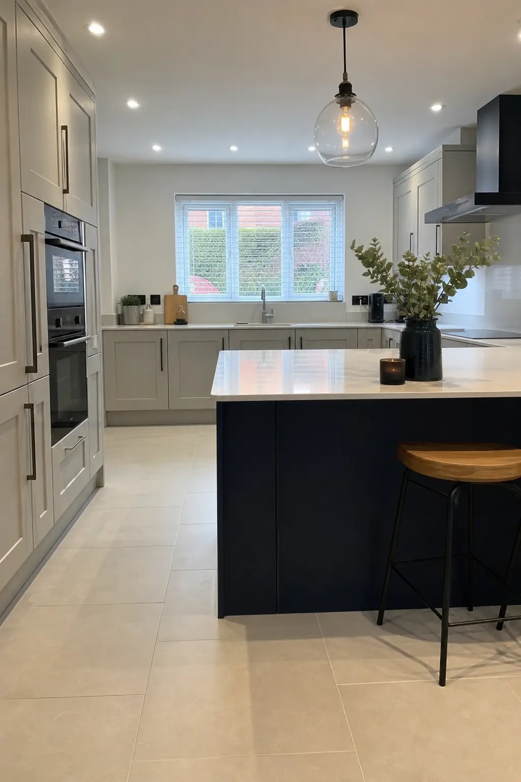 Light grey shaker kitchen with a navy island, white worktops and a glass pendant light