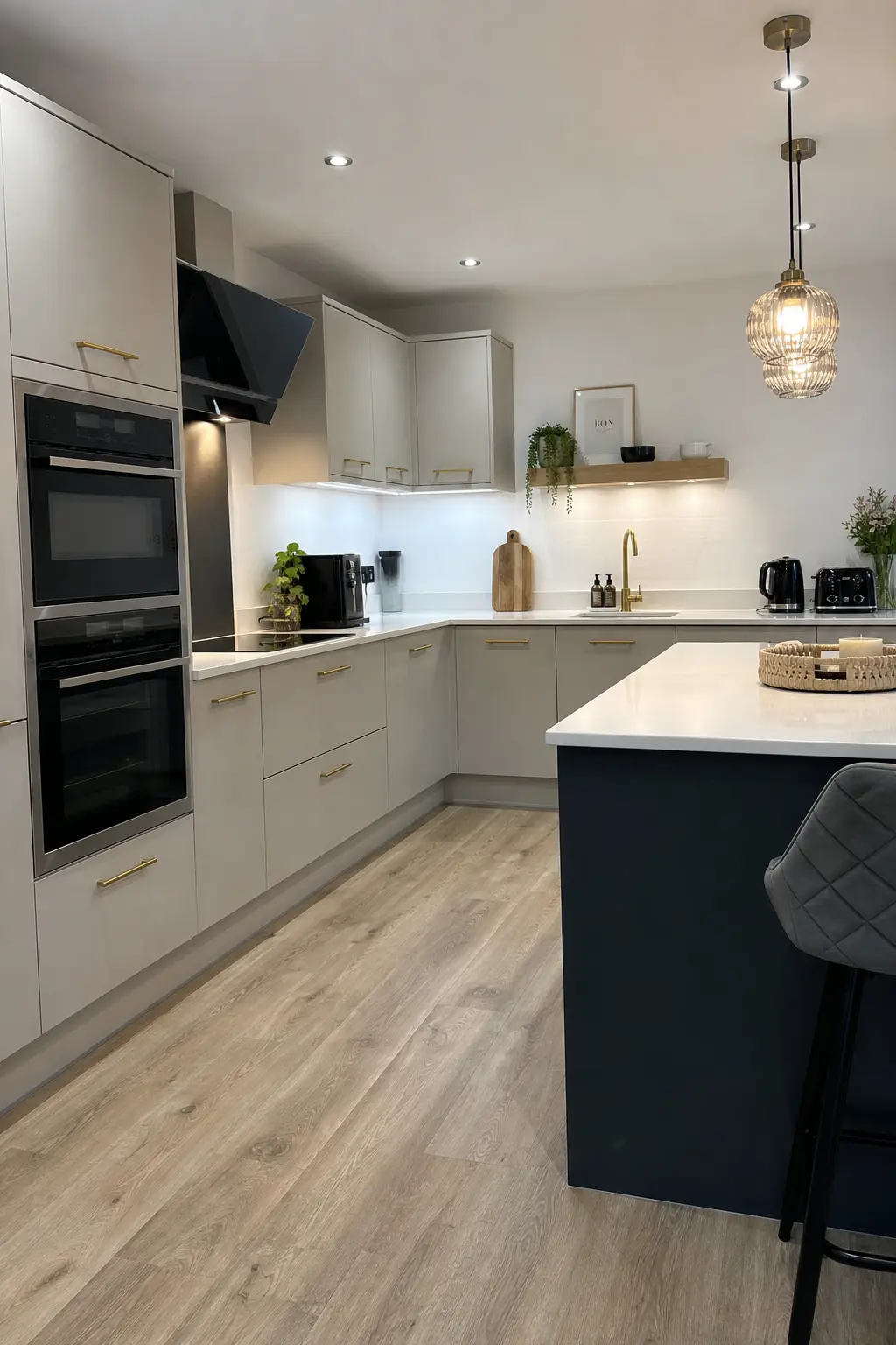 Cashmere kitchen with a dark blue island, brass handles and wood-effect flooring