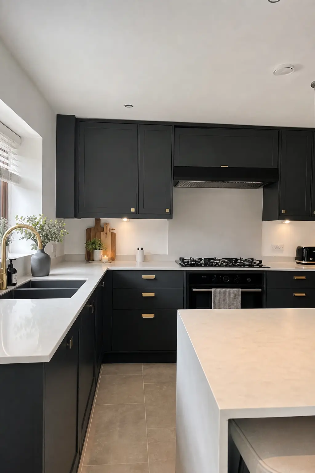 Charcoal shaker kitchen with brass handles, a gas hob and a white waterfall island