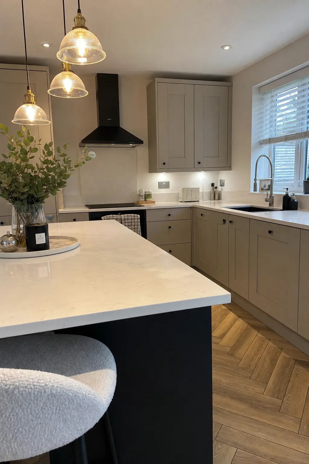 Stone shaker kitchen with a navy island, herringbone floor and glass pendant lights