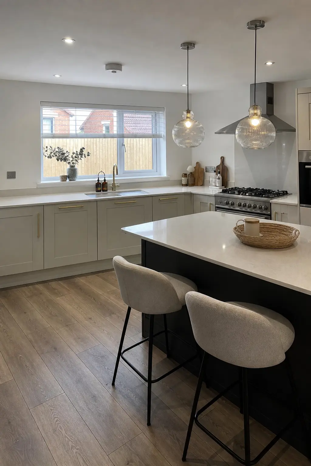 Light grey shaker kitchen with a navy island, range cooker and two glass pendant lights