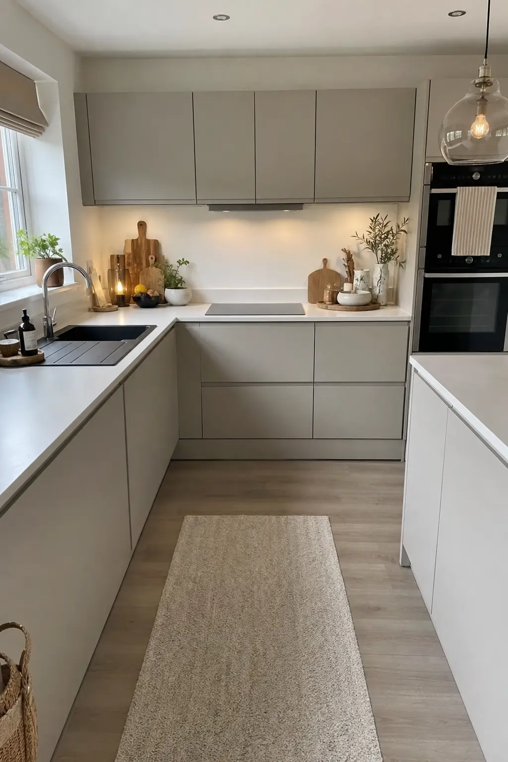 Taupe handleless kitchen with white worktops, a black sink and built-in ovens